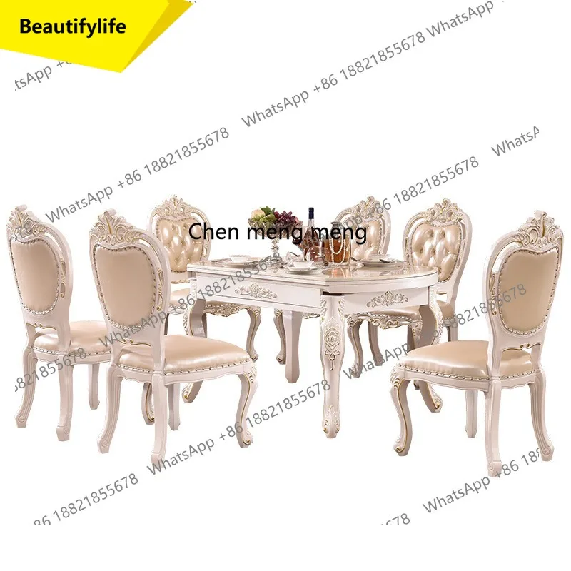 

02 м европейский мраморный обеденный стол и стул, комбинация выдвижного обеденного стола, складной бытовой резной цветок из цельного дерева