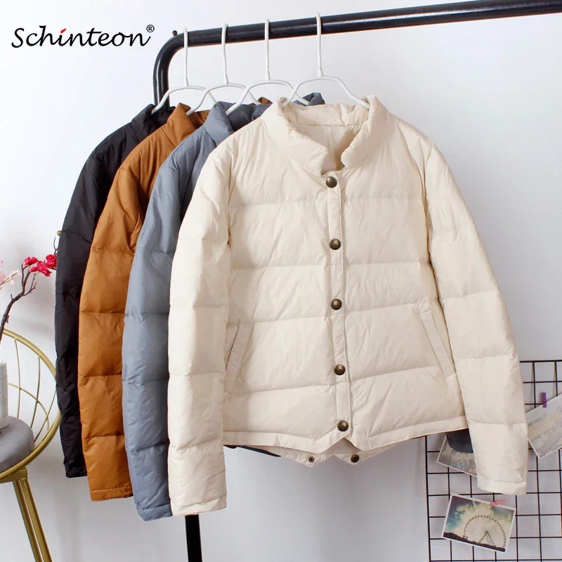 Casual Autumn Winter Short Outwear for Female Fashion Schinteon Women White Duck Down Jacket Baseball Coat