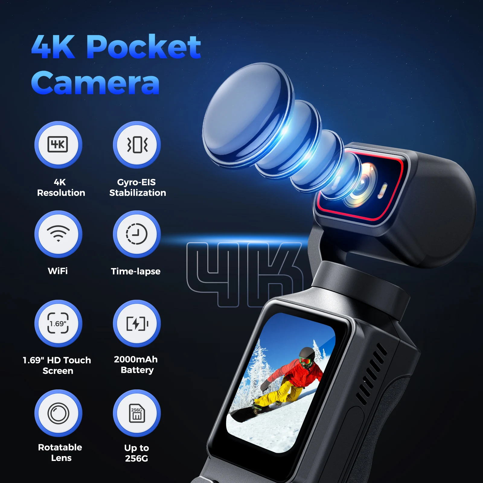 4K Action Camera with WiFi 169 Inch IPS Touch Screen 180 Degree Rotatable Lens EIS Handheld Video Recorder Outdoor Sports Camera