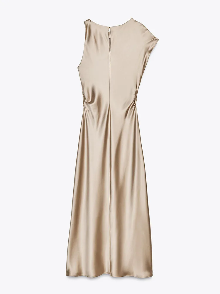 فستان نسائي جديد لموسم الربيع، أنيق بملمس الساتان، مزين بالطيات، خصر مرتفع، تصميم A-line طويل، مناسب للعمل، برقبة مستديرة #5