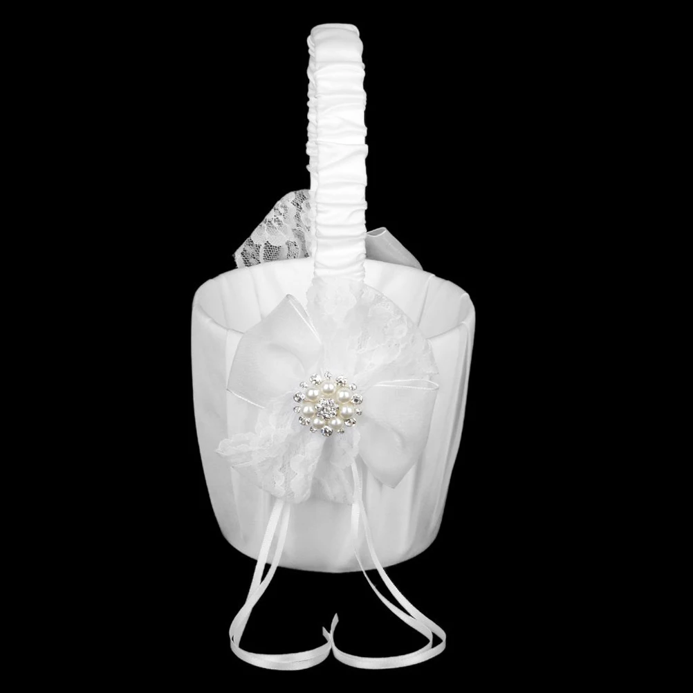 

White Durable Satin 13x22cm Wedding Flower Girl Basket With Sparkling Rhinestone Faux Pearl Decorative Organizer