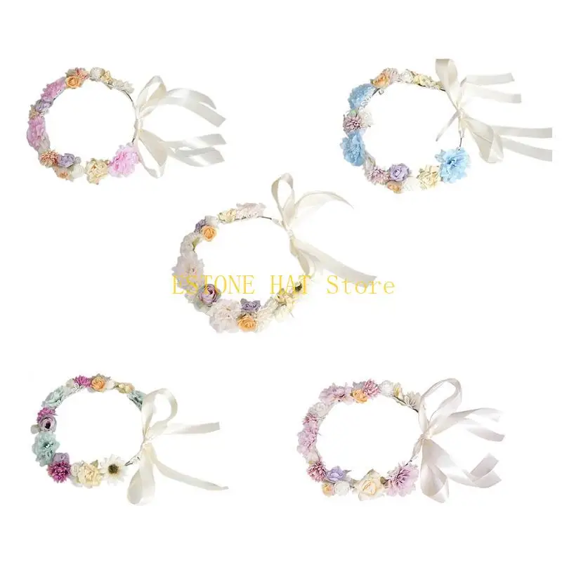

49MF Bridal Headwear Romantic Rose Garland Hairband with Silk Bowknot String Floral Wedding Headband Party Decoration