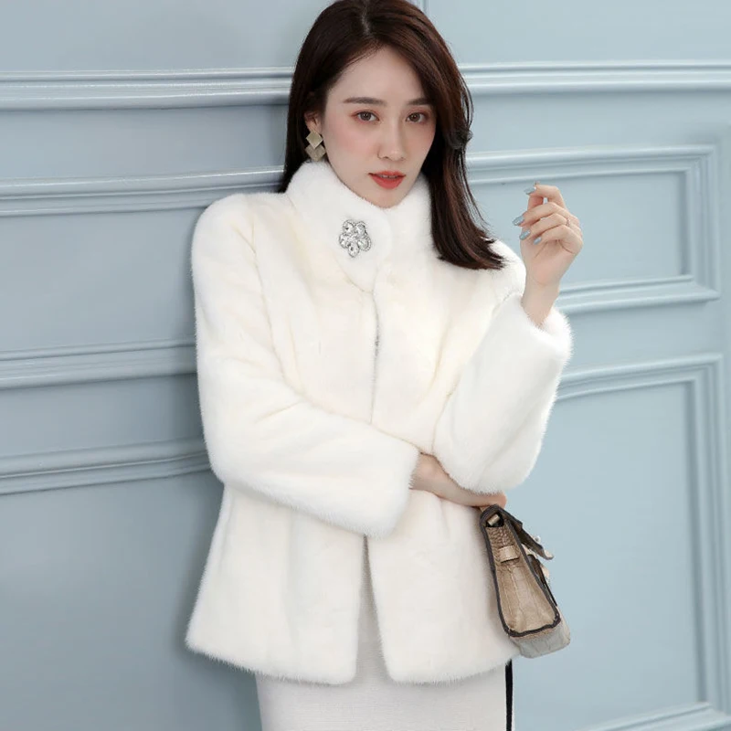 

Women Cropped Fur Coat 2024 Korean Style Stand Collar Imitation Mink Fur Jacket Solid Colors Faux Rabbit Autumn Winter Outwear