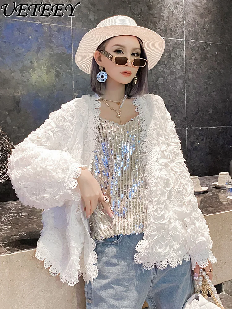 

Niche Cardigan Refined Handmade Lace White Coat Women New Autumn Clothes Heavy Embroidery Hot Drilling Fashion Jacket Top Lady