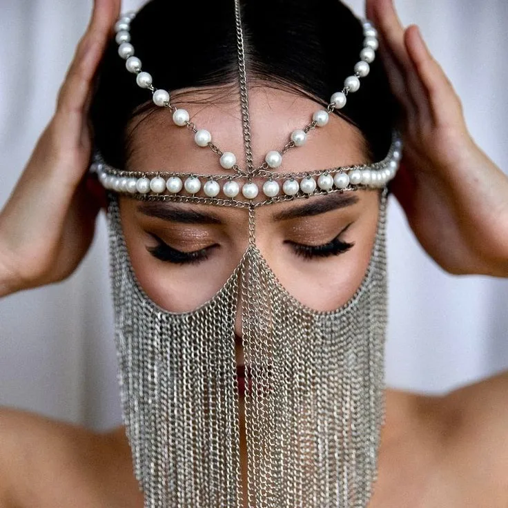 

T new pearl with metal fringed chain head chain, personalized bohemian style half cover head