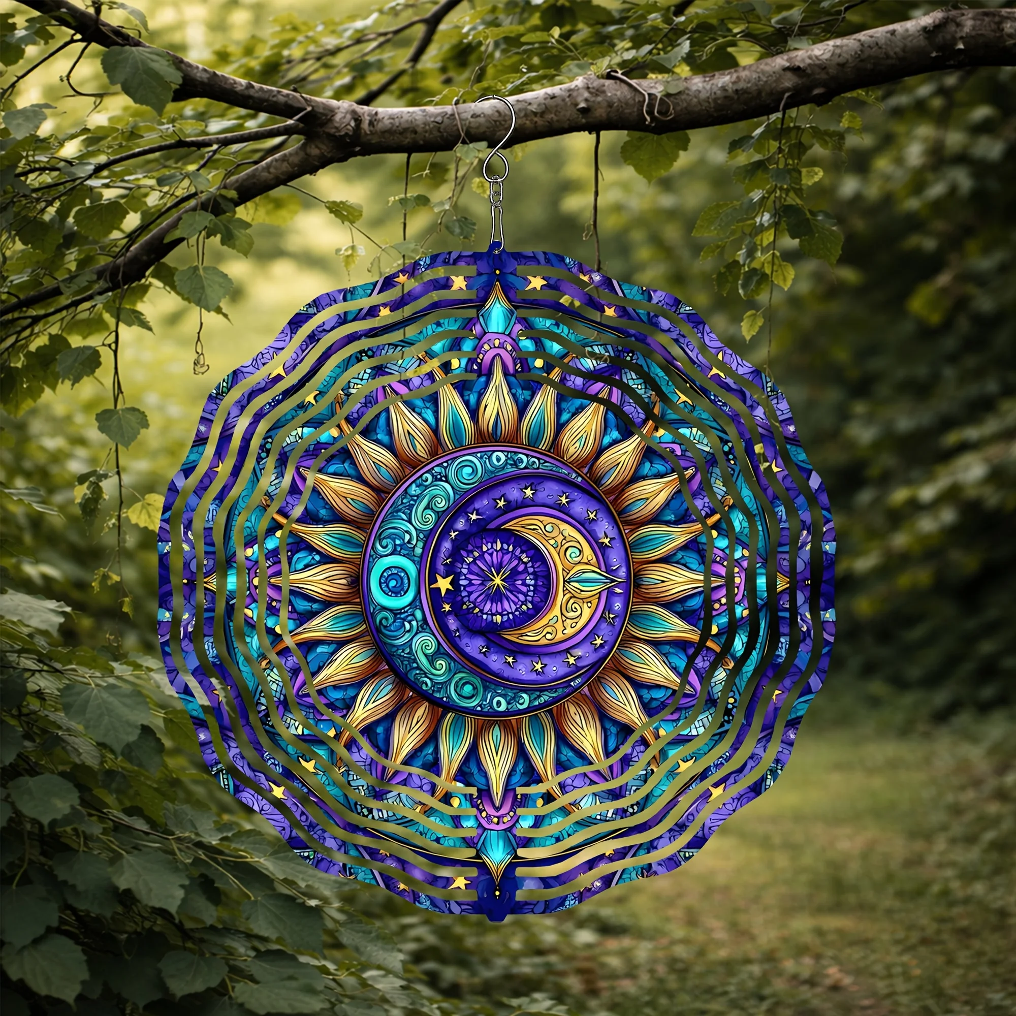 Bohemia Mandala Sun Moon Wind Chimes, Vibrant Blue Purple Gold Garden Decor, Spiritual Gift for Meditation Outdoor
