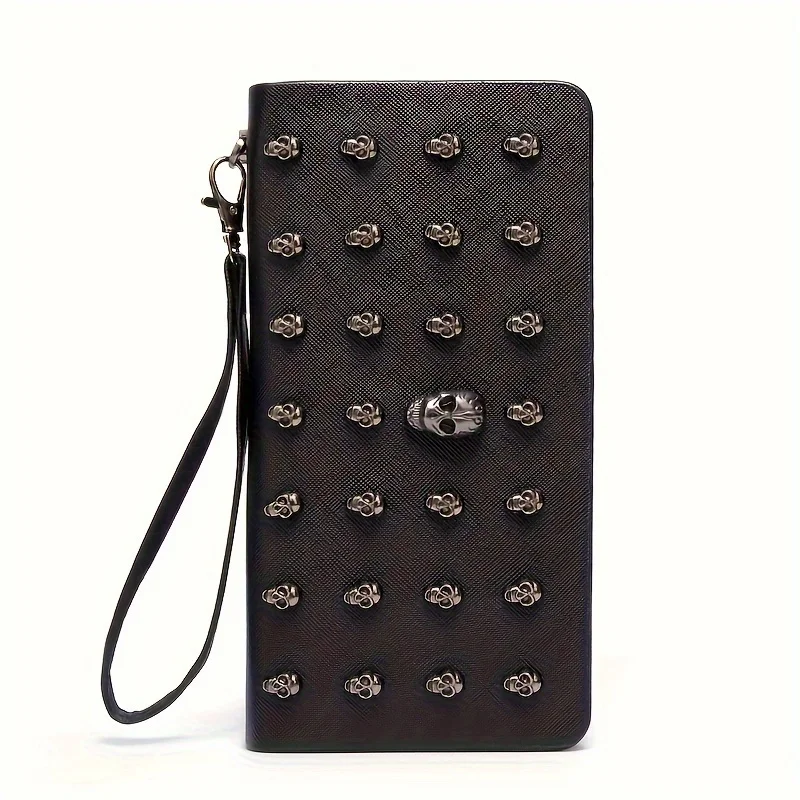 Portafoglio da donna con teschio in metallo alla moda, pochette lunga Punk, portafogli da donna di grande capacità, custodia per cellulare con porta