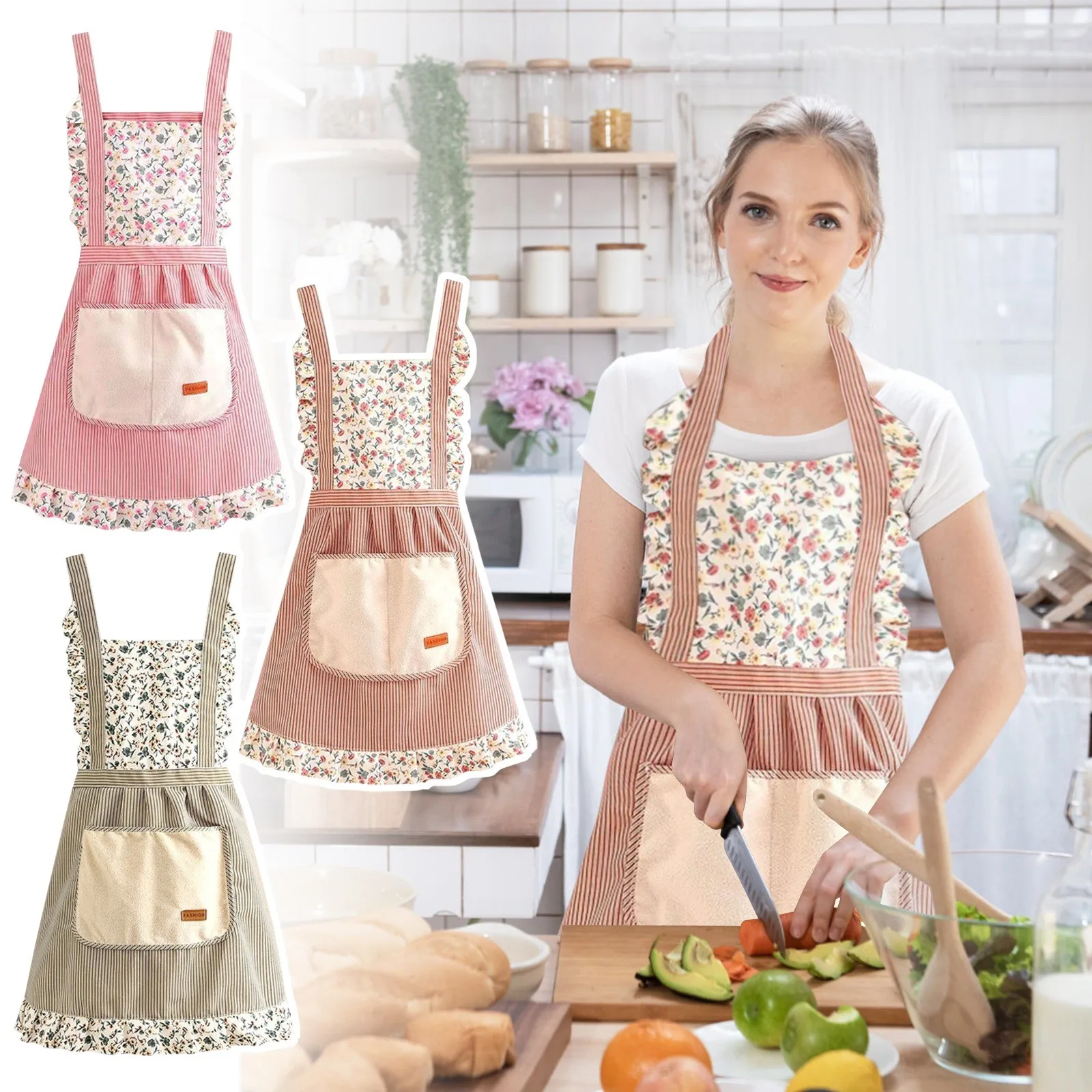

Home Strap Apron Thin Stripe Household Kitchen Wear With Wipe Hand Pocket Floral Pattern Practical Cooking Apron