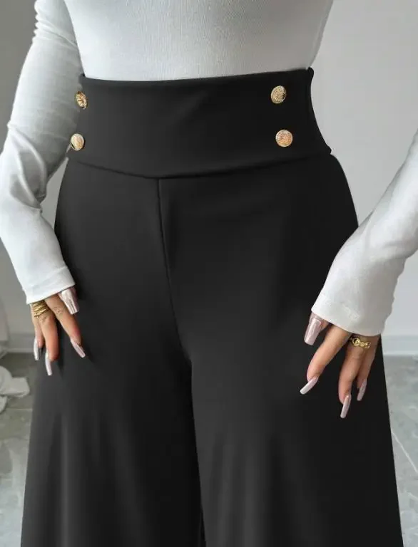 Black High Waist Wide Leg Pants for Women Showing A Slim and Drooping Feeling Metal Button Decor Commuting Professional Trousers