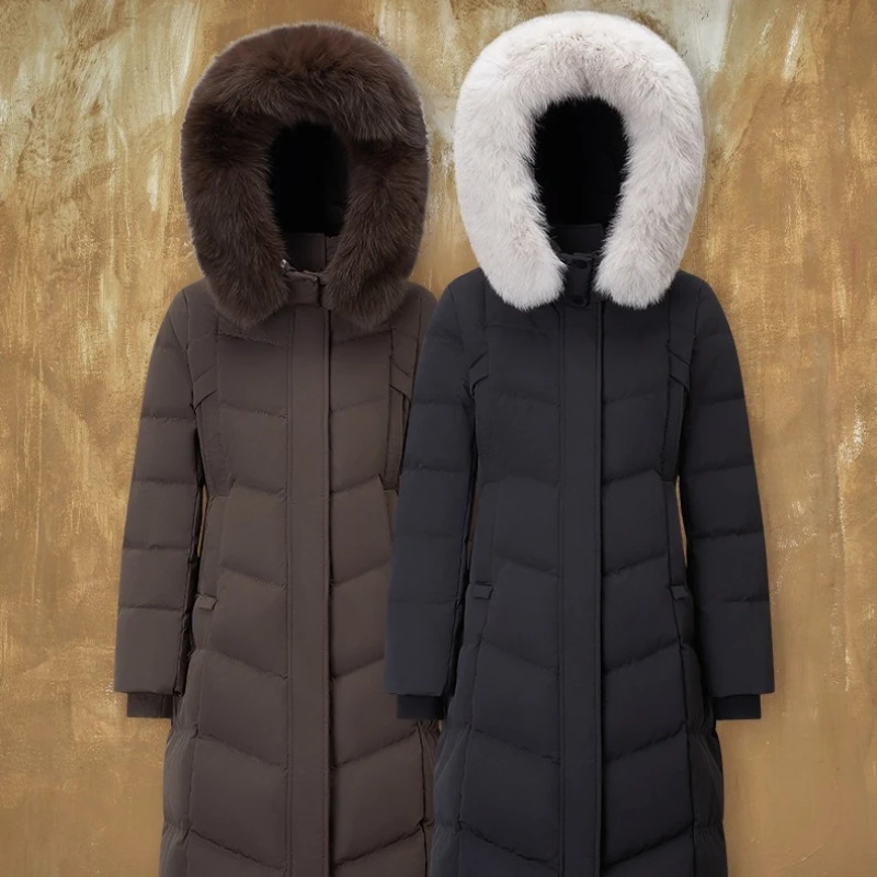 Chericom 롱 여성 겨울 다운 재킷 2025 겨울 솔리드 후드 따뜻한 다운 코트 우아한 통근 모피 트림 여성 코트 Y309215Y