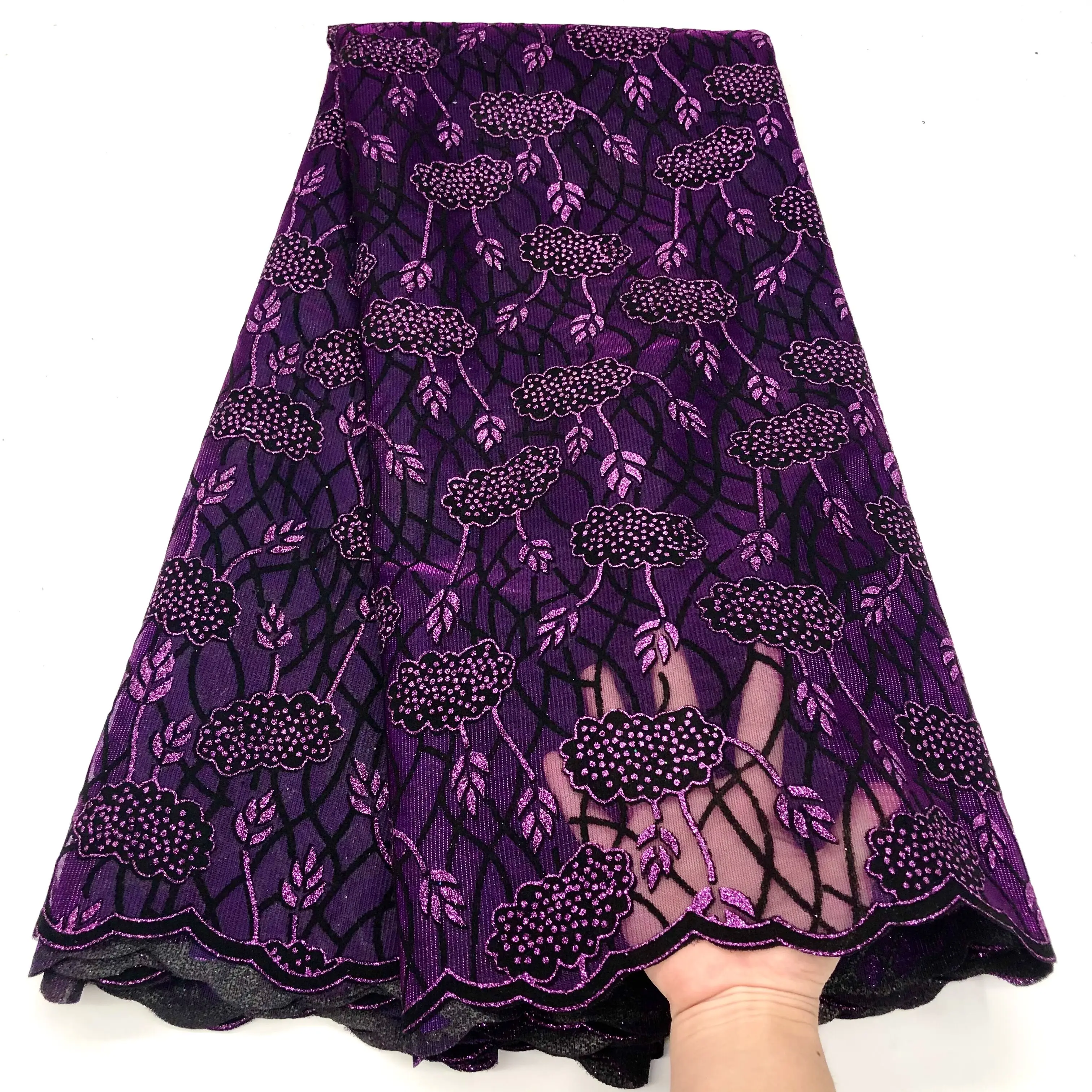 Fashion Nigerian Glitter Lace Fabric 5 Yards High Quality velvet Embroidery African Lace Fabrics For Party  Wedding