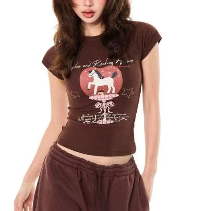 

HOUZHOU Vintage Y2k Print T-Shirts Women Harajuku 2000s Kawaii Short Sleeve Tees American Retro Spicy Girl Slim Graphic T-Shirts