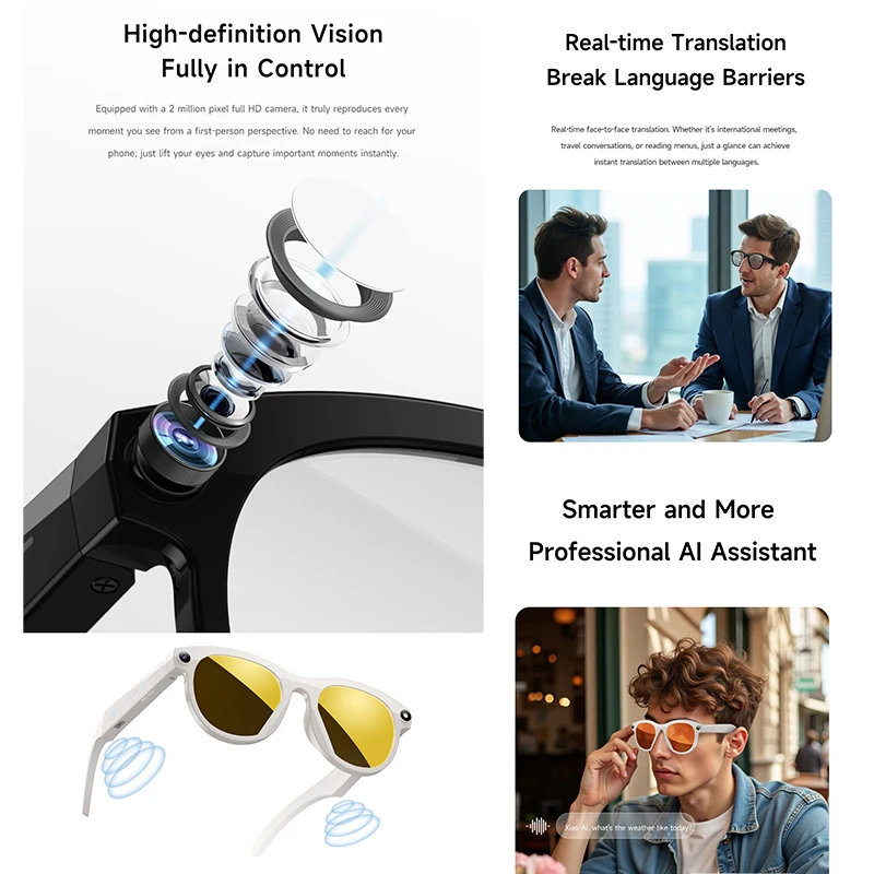 Smart AI Glasses 200W AI Shooting Camera HD Photo Video Voice Call Music Translation LED flashlight flashlight BT Call Glasses