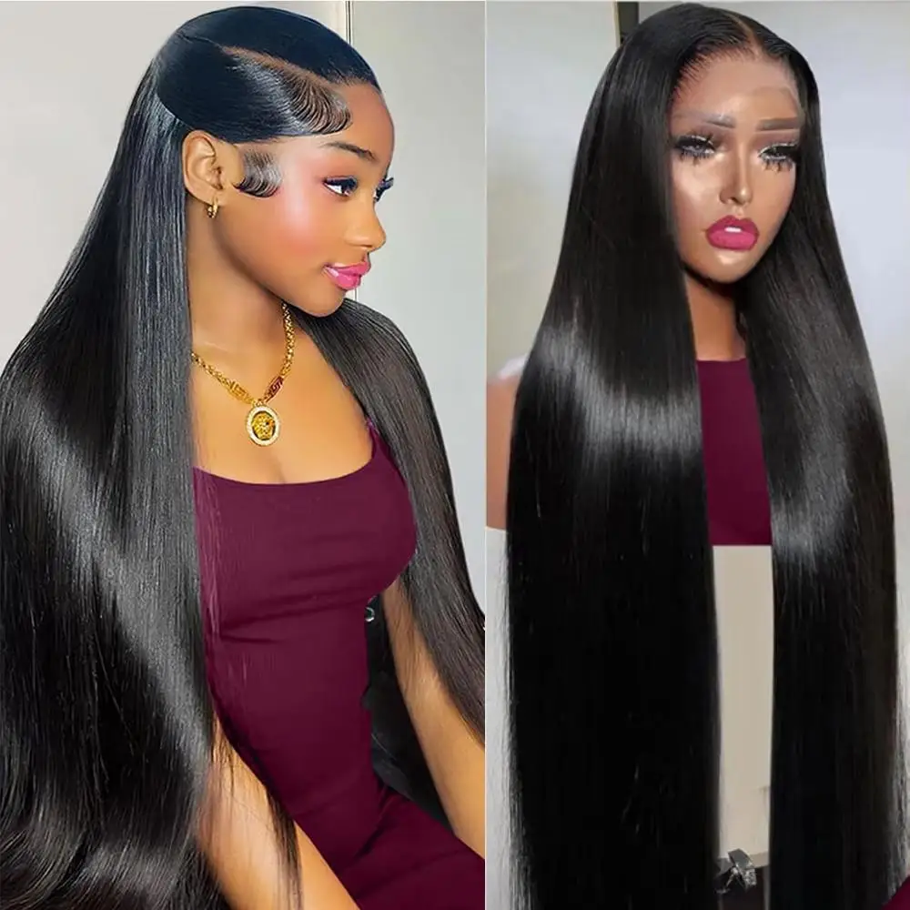 

13x6 HD Lace Frontal Wig 46 Long Inch Straight Wigs 200 Density Pre Plucked 100% Human Hair Natural Black Colored Wigs For Women