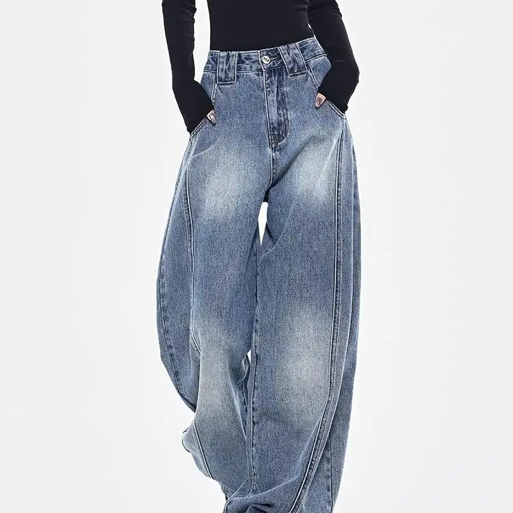 

2025 Spring Men and Women Trendy Personalized Straight Tube Washed Curved Knife Jeans Couple Loose Hip Hop Casual Pants y2k