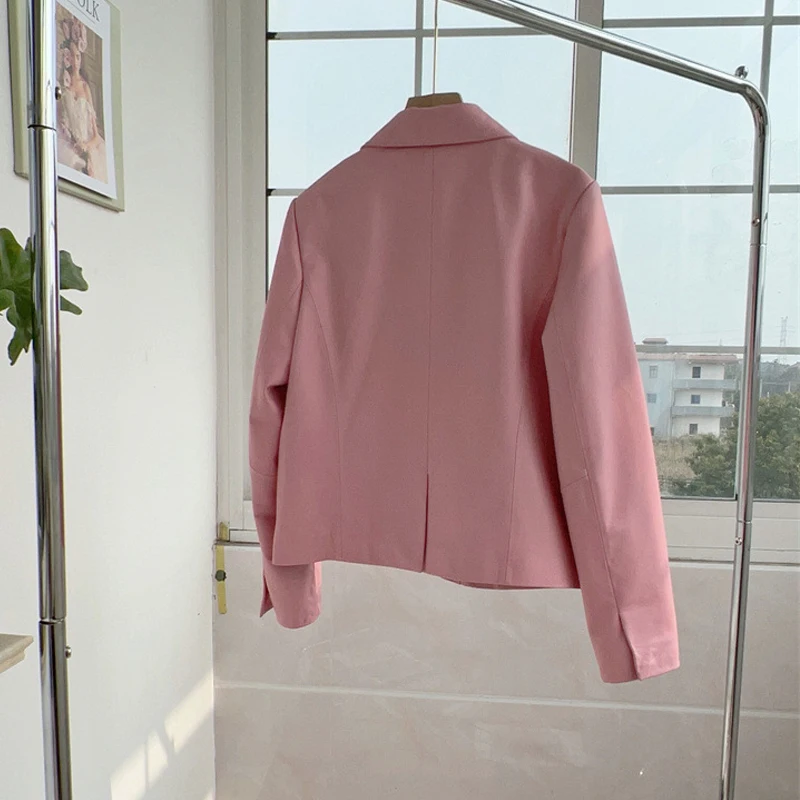 Chaqueta rosa de piel de oveja auténtica para mujer, abrigo corto de cuero de manga completa con cuello de solapa, elegante y a la moda