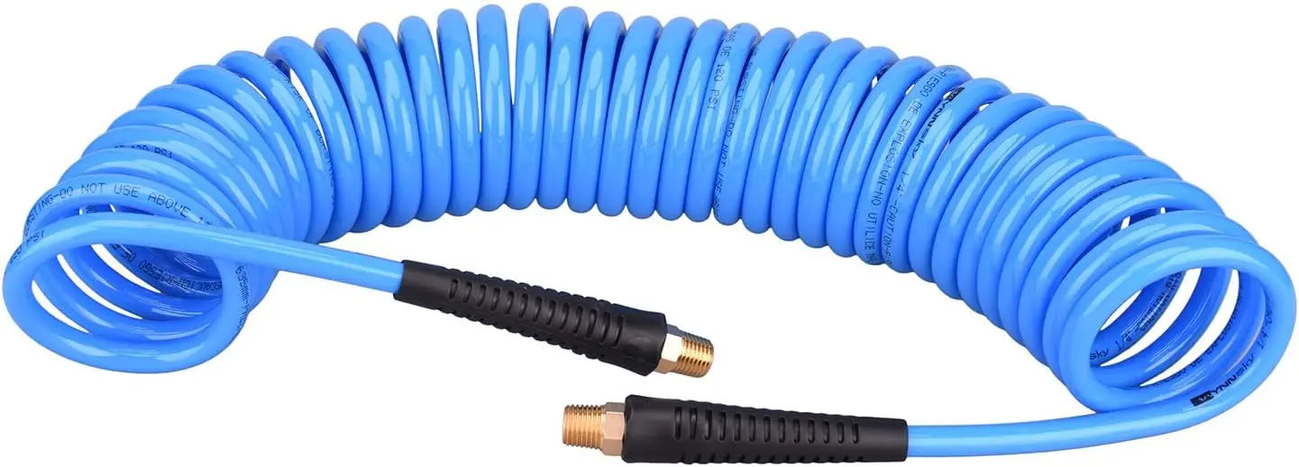 

25ft Polyurethane Coiled Air Hose, 1/4" MNPT Brass Fittings with Bend Restrictor for Easy Use