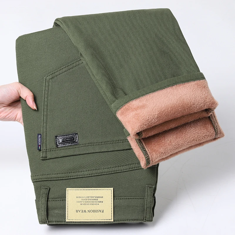 

Зимние флисовые толстые теплые джинсы, мужские деловые повседневные облегающие эластичные джинсовые брюки, повседневная мужская одежда, модные плюшевые брюки