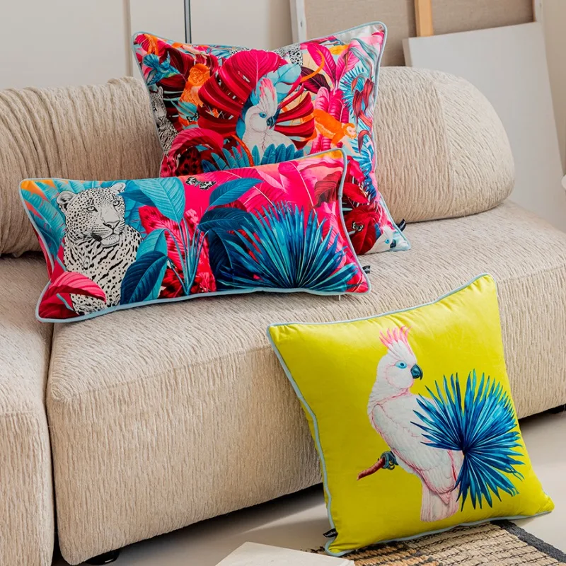 Leopard Pillows Jungle Bird Cushion Case Luxury Velvet Blue Yellow Decorative Pillow Cover For Sofa Chair Home Decorations