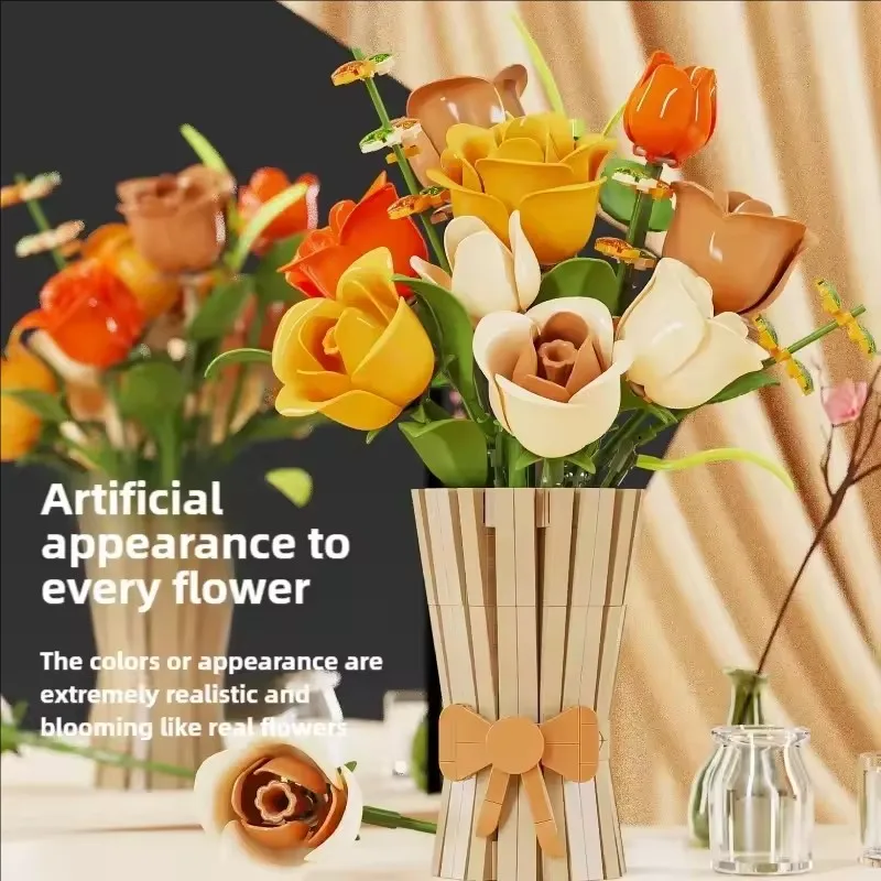 

New Bouquet of Roses Flower Bowknot Vase 868PCS Building Blocks Set Decoration for Adults DIY Flowers Toys Kids Gifts