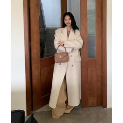 High Quality Long Woolen Cashmere Coat Women Autumn Winter Alpaca Wool Jacket Double Breasted With Scarf Overcoat Off White