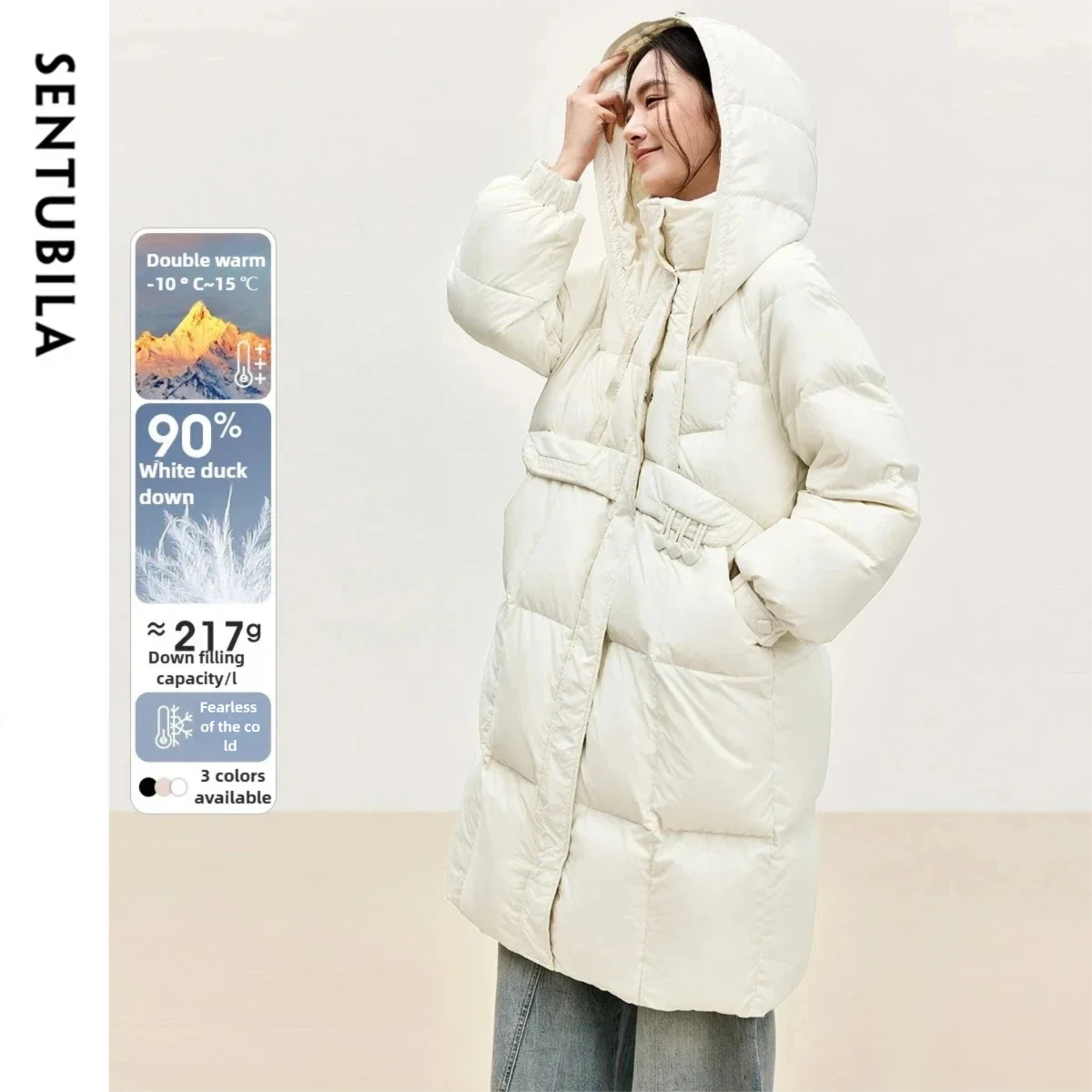 SENTUBILA エレガントダウンジャケット レディース 2025 冬新作 暖かいロングダウンコート 無地 防風 フード付き パファーコート 女性用 W44Y56062