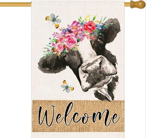 Spring Cow House Flag 28 X 40 Inch Welcome Floral Decorative Double Sided Burlap 7445042851808 AAV