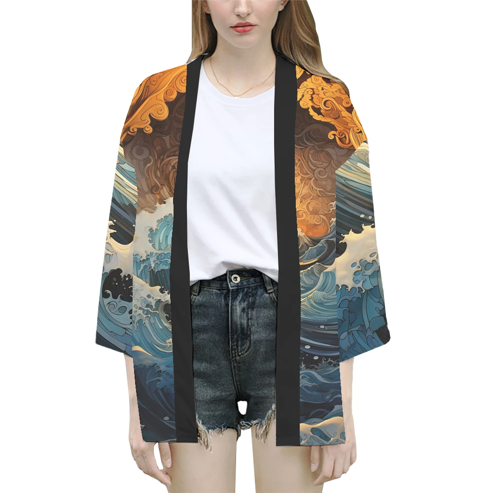 2024 Summer Beach Japan Wave Kimono Anime 3/4 Sleeve Shirt Haoli Fashion Loose Women's Yukata Men's Samurai Robe