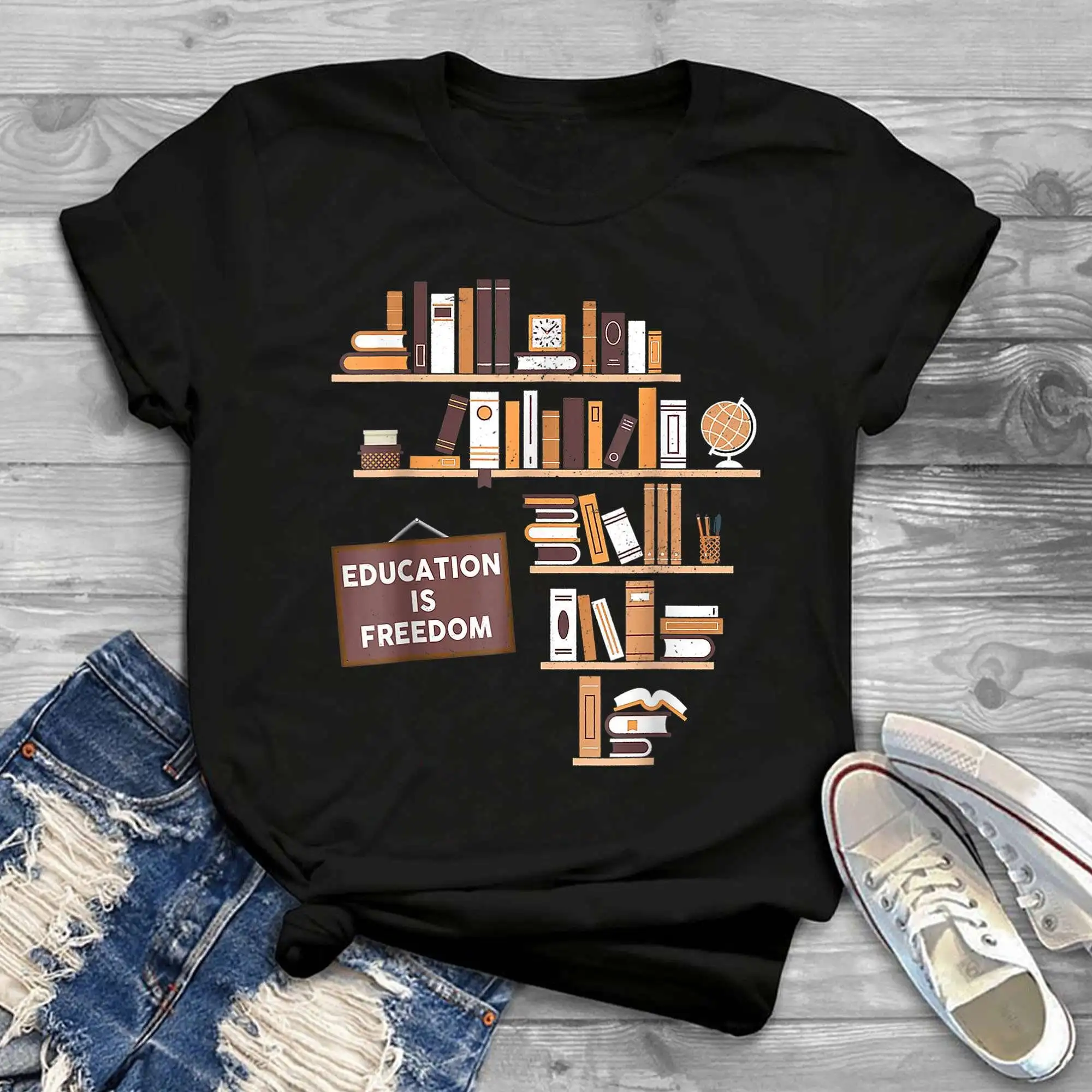 Education Is Freedom African American Educator T Shirt Map Bookshelf Black History Month