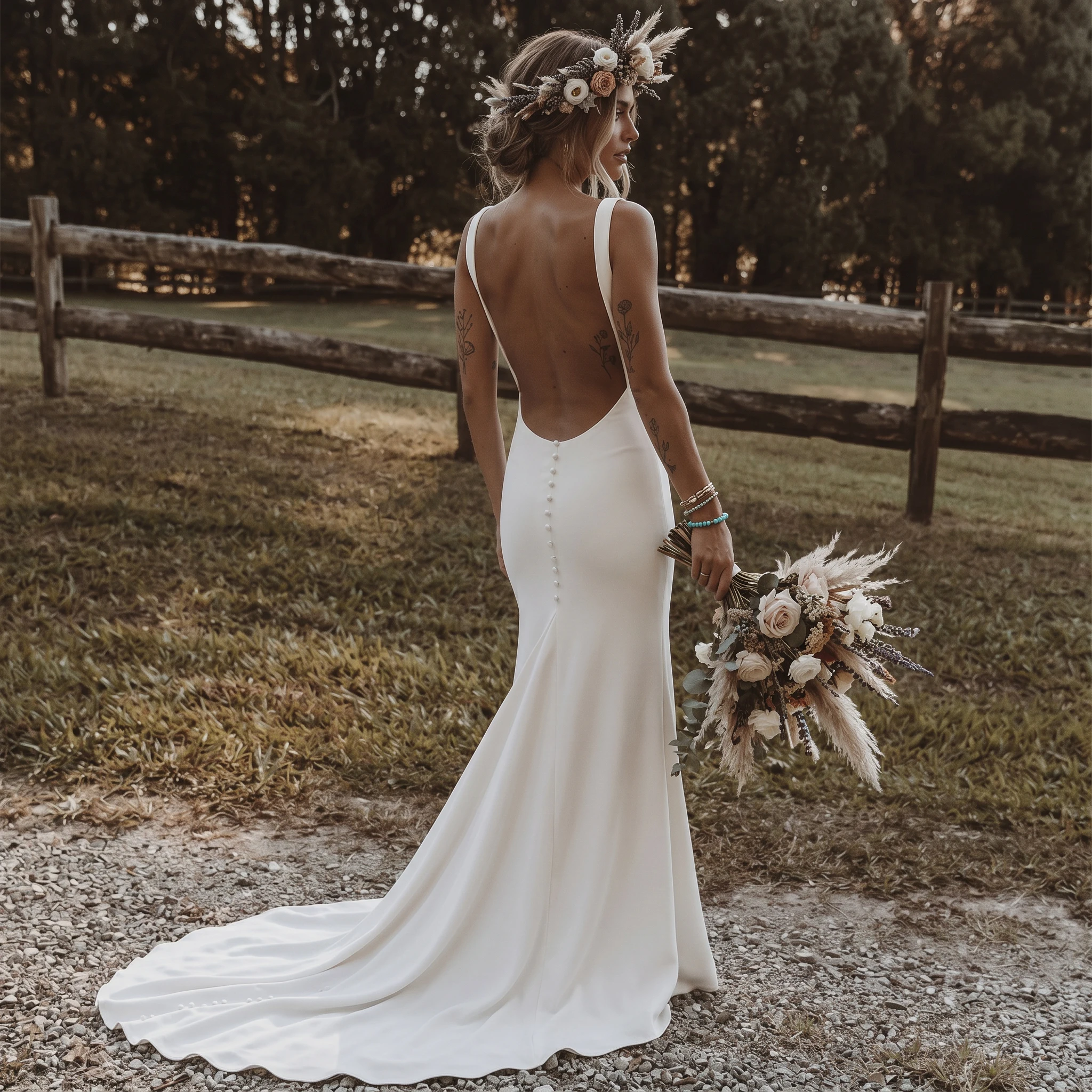 Wide Strap Sweetheart Satin Mermaid Wedding Dress Deep Low Back Pearl Button Chapel Train Minimalist Bridal Gown