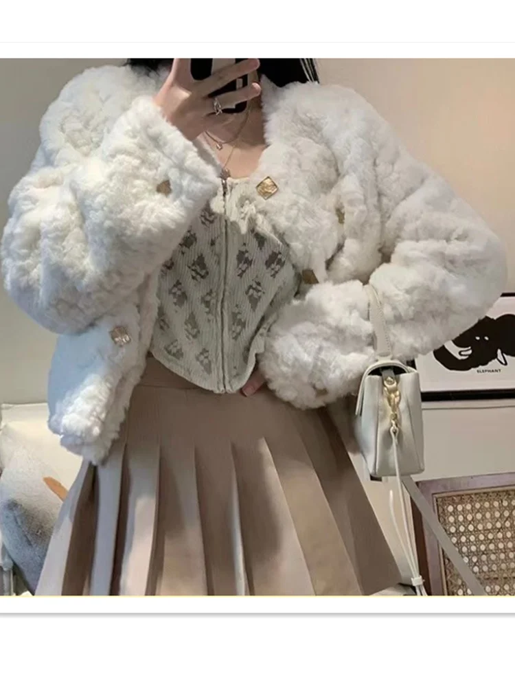 Women Faux Lamb Fur Jacket Winter Short Sweet Furry Fluffy Coat