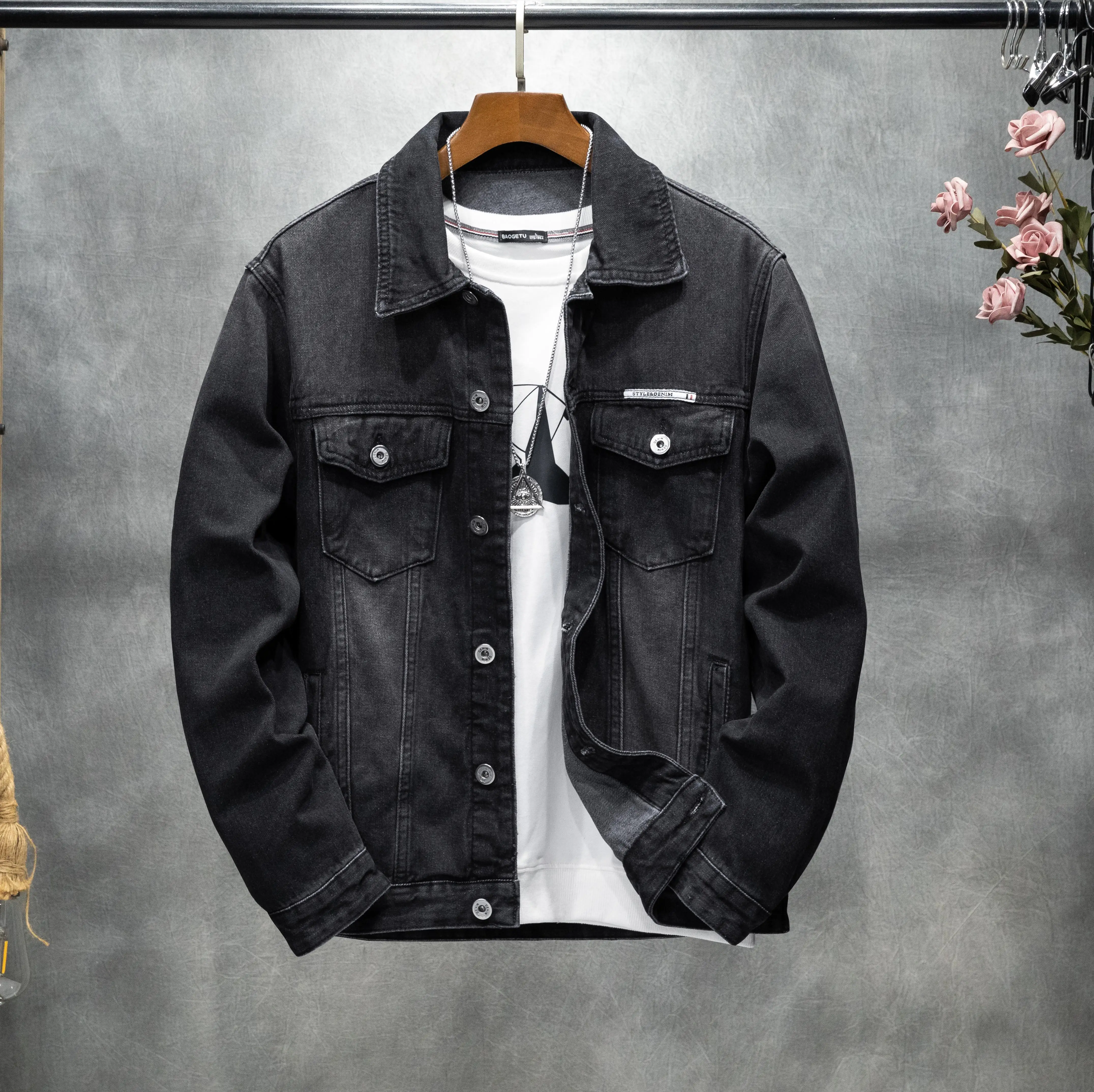 سترة رجالية خريفية كلاسيكية على الطراز الأمريكي متعددة الاستخدامات كبيرة الحجم من قماش الدنيم غير قابلة للتمدد #3