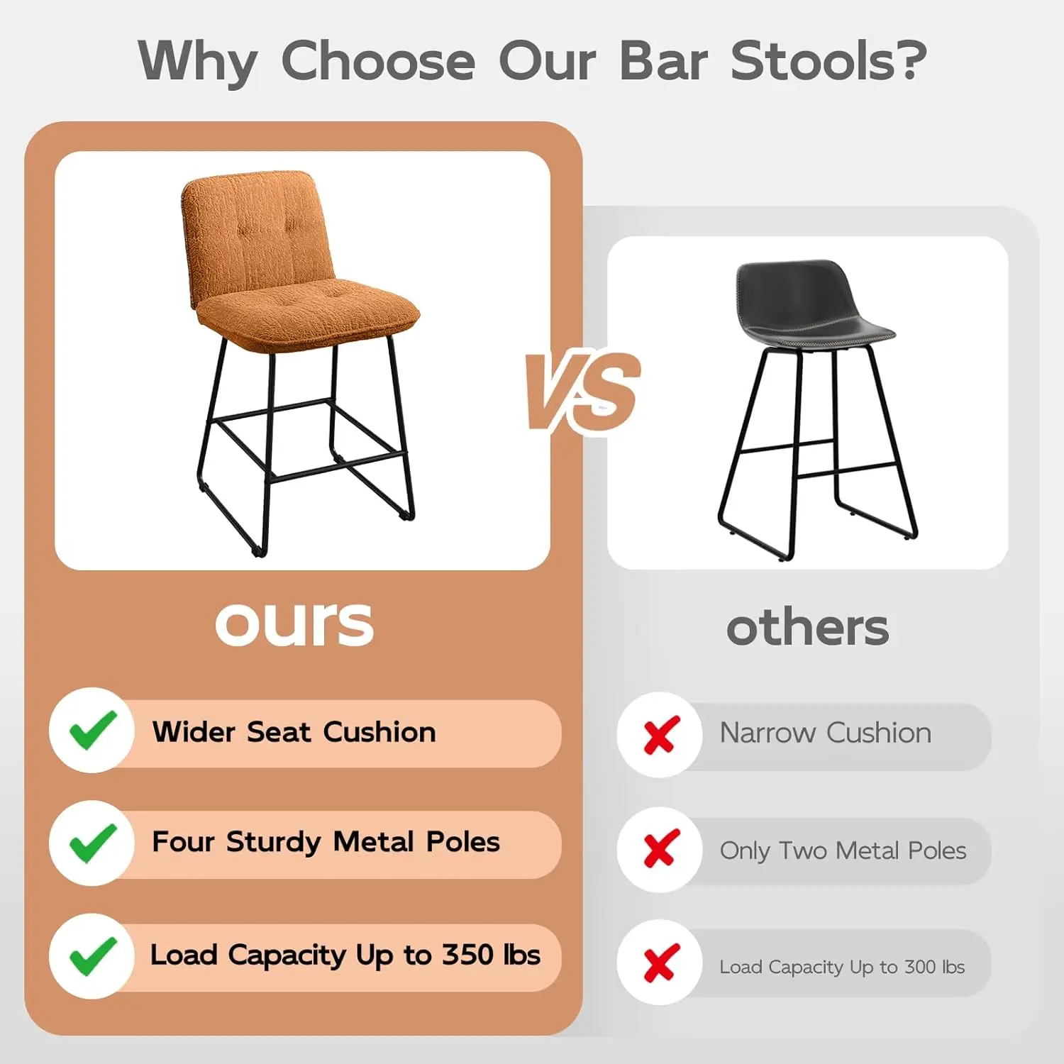 Brown Bar Stools Set Of 2, 26 Inch Counter Height Bar Stools With Back, Wide Seat Fabric Modern Barstools For Kitchen Island Wit