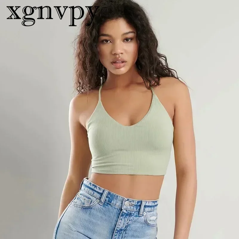 xgnvpy Summer New Sexy Spice Girl Beauty Back Cross Tie Rope Knitted Bottom Top V-neck High Waist Halter Vest Female Trend