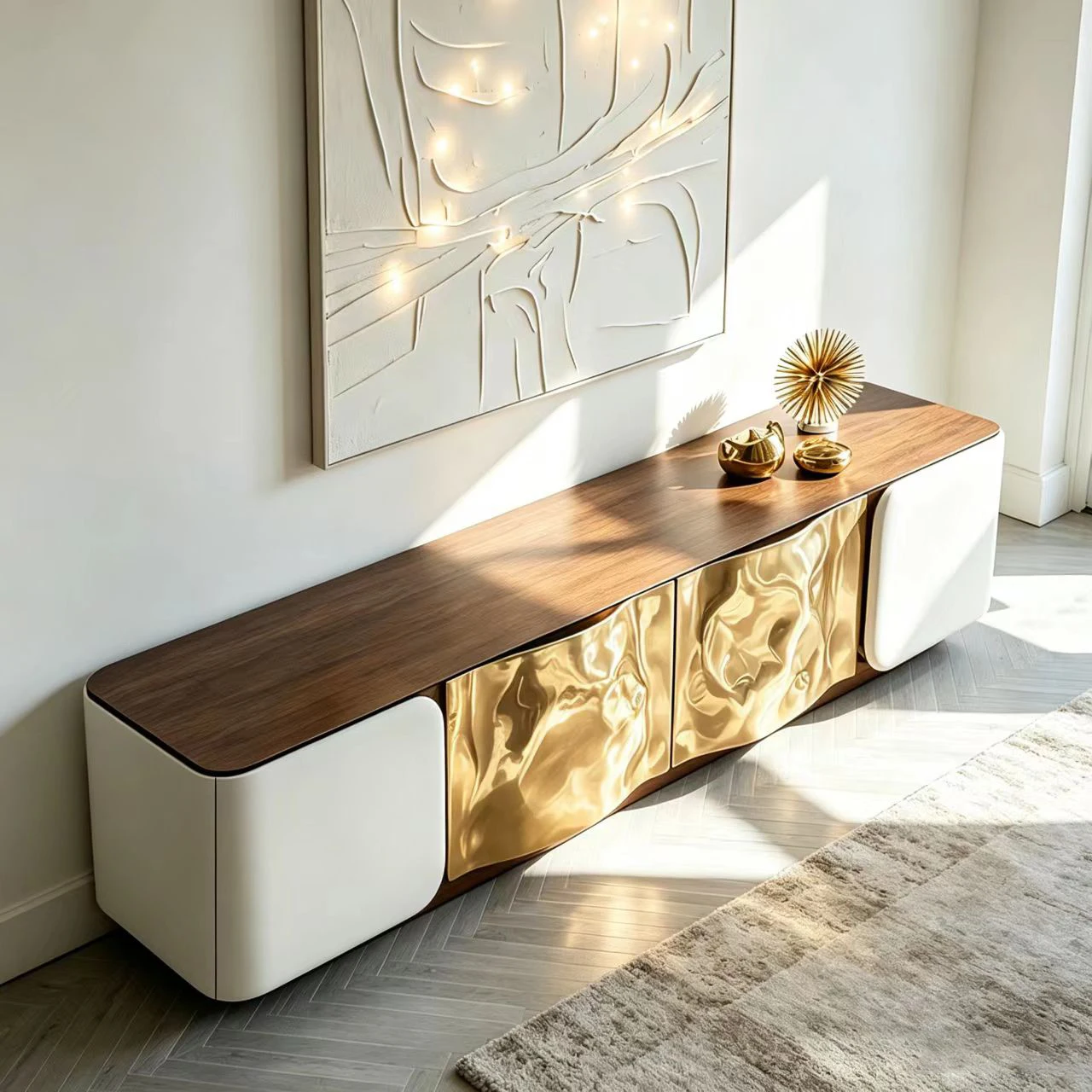 Y*-White Walnut Wood Sideboard Cabinet Textured Gold Fiberglass Door Fronts for Contemporary Upscale