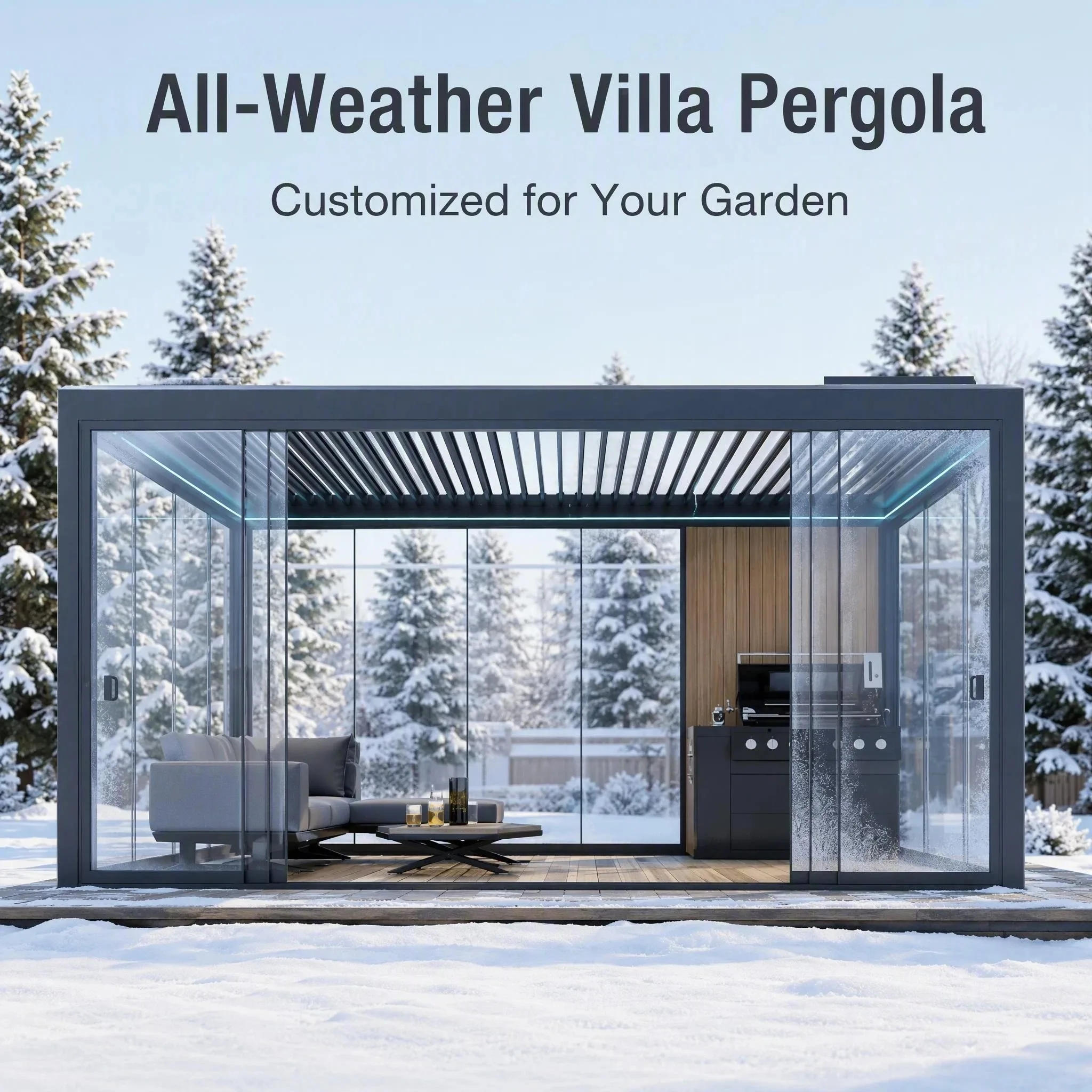 Bioclimatic Freestanding Metal Pavilion Snow Load Resistant Cold Weather Pergola Suitable For Outdoor Backyard Fire Pit Area