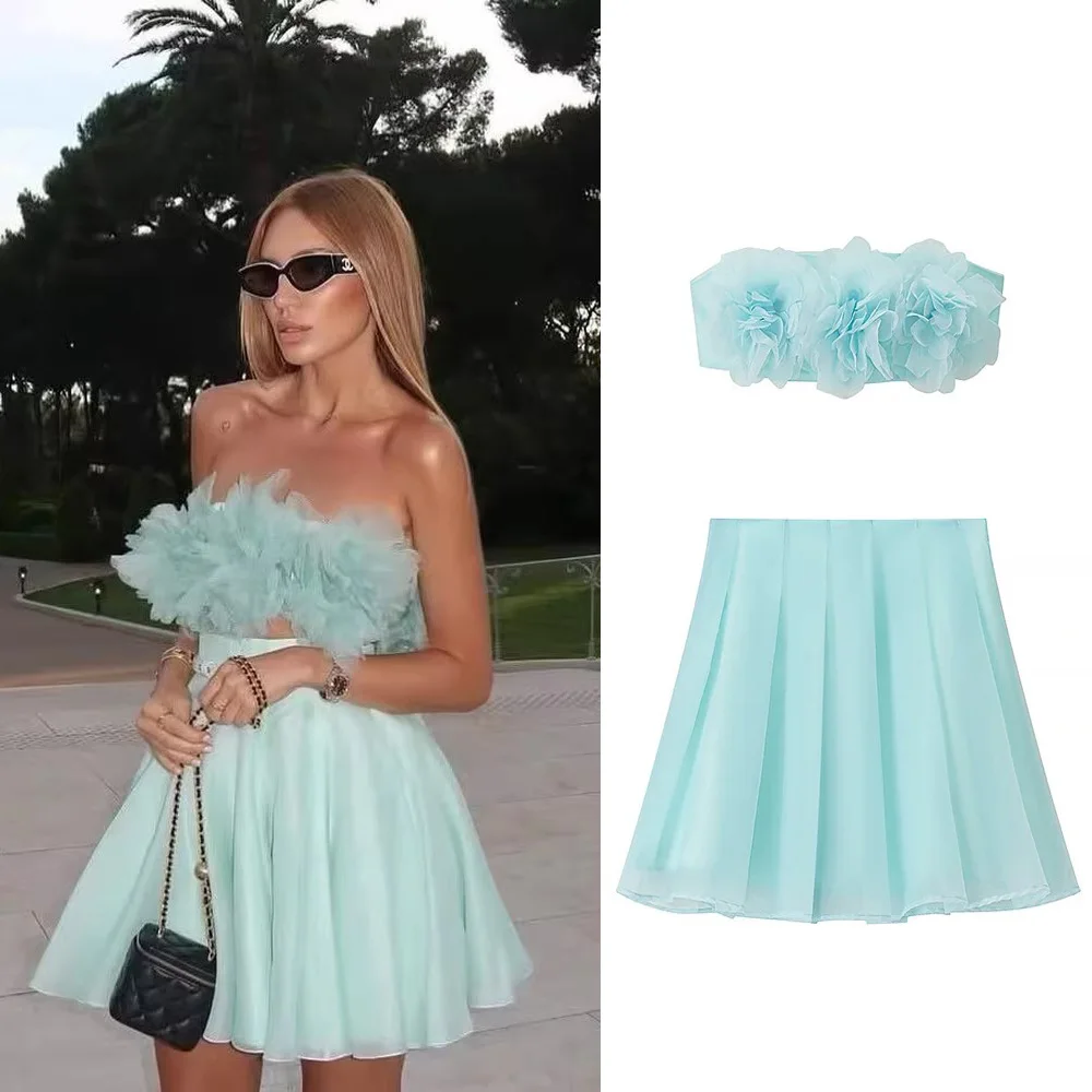 PRINTKAOIR Women's Half-length Skirt Set Fashionable and Simple Floral Sleeveless Short Skirt Solid-colored Half-length Skirt