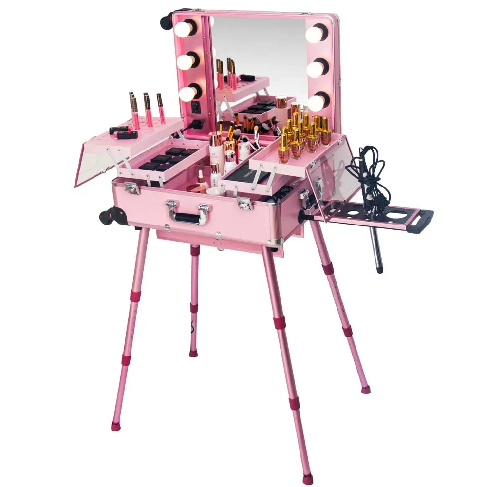 KONCAI Best Selling trolley makeup box beauty  train case aluminum rolling makeup case wth lights and mirror