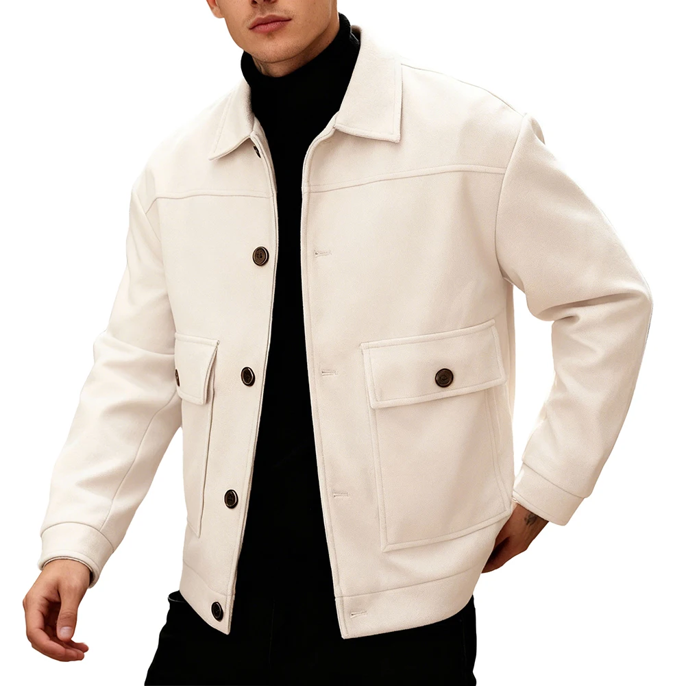 Men Woolen Jacket Loose Fit Lapel Collar Casual Outerwear with Pocket Workwear Style Cardigan for Spring and Autumn