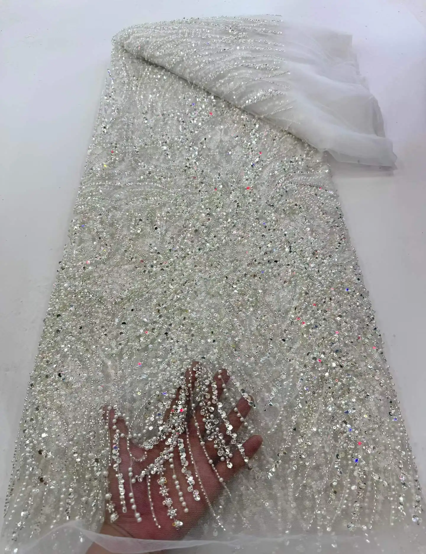 

2026 Africa Groom Beaded Lace Fabric 5 Yards High Quality French Sequin Lace Fabric for Bridal Wedding Evening Dress Sewing