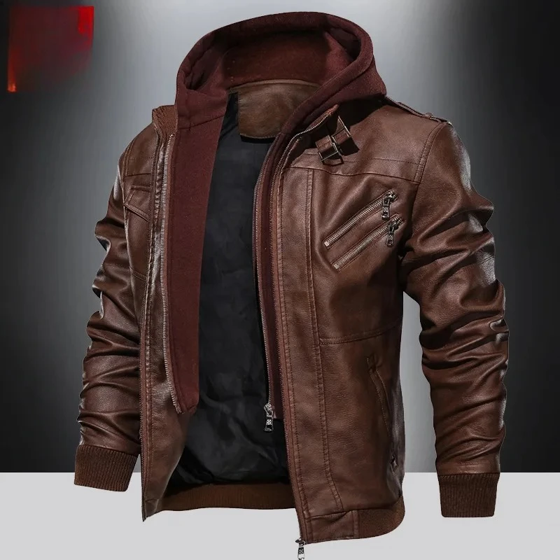 Men Spring Autumn New Leather Jacket Faux Leather Coats Motorcycle Jackets Retro Casual Trendy Coats Hooded Pocket Zipper Tops
