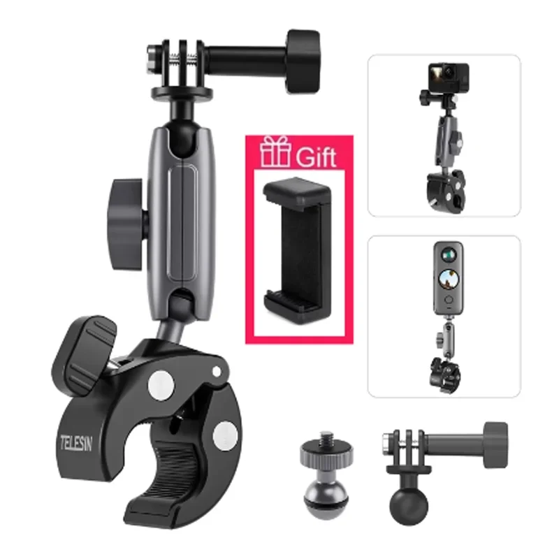 

FF-25B For Insta360 One RS Motorcycle Cycling Crab Claw Clip Magic Arm 360° Adjustment Super Clamp 1/4" Screw For DJI Action 2