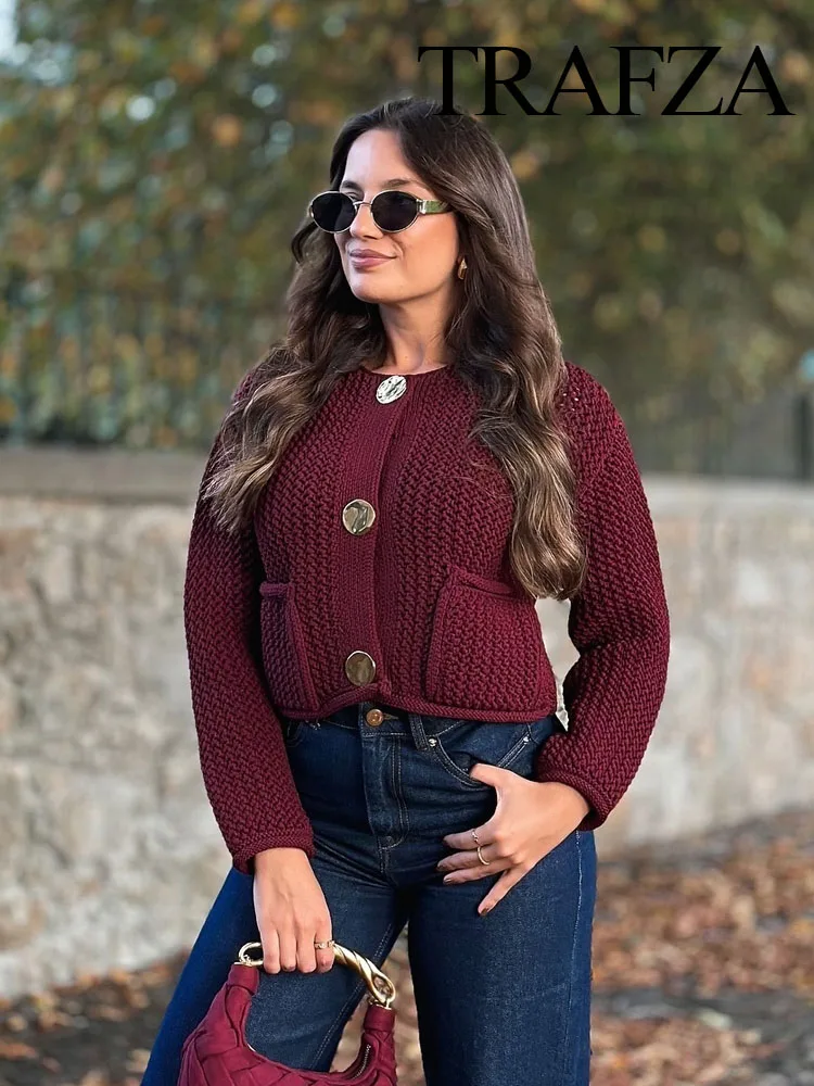 TRAFZA Women Autumn Casual Sweater Coat Wine Red O-Neck Long Sleeves Pocket Single Breasted Design Female Loose Knitted Cardigan