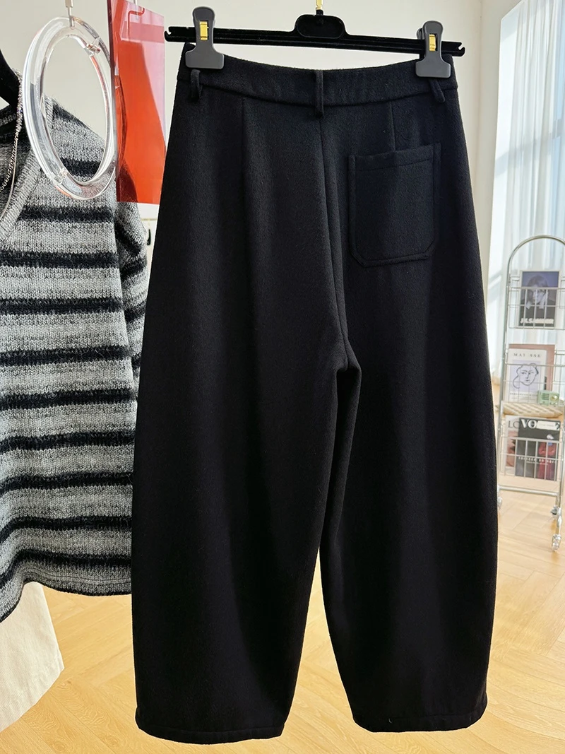 Imagem -04 - Calça de Cintura Alta Feminina Grossa Liso Solto Perna Larga Monocromático Casual Moda Simples Inverno