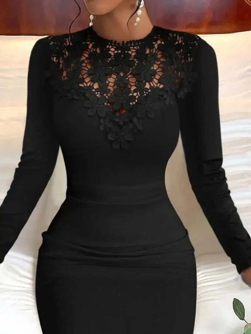 Minivestido bordado de encaje de flores para mujer, elegante vestido envolvente de manga larga para invierno, vestido de fiesta ajustado sexi con medio cuello