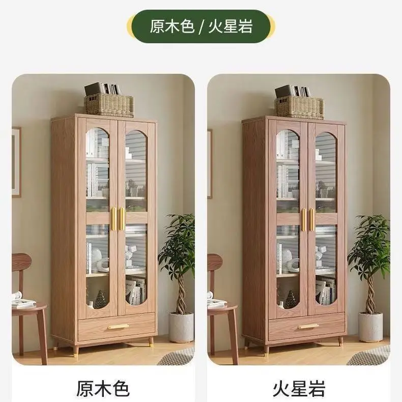 Ash wood solid wood study storage glass with drawers double door three door bookcase