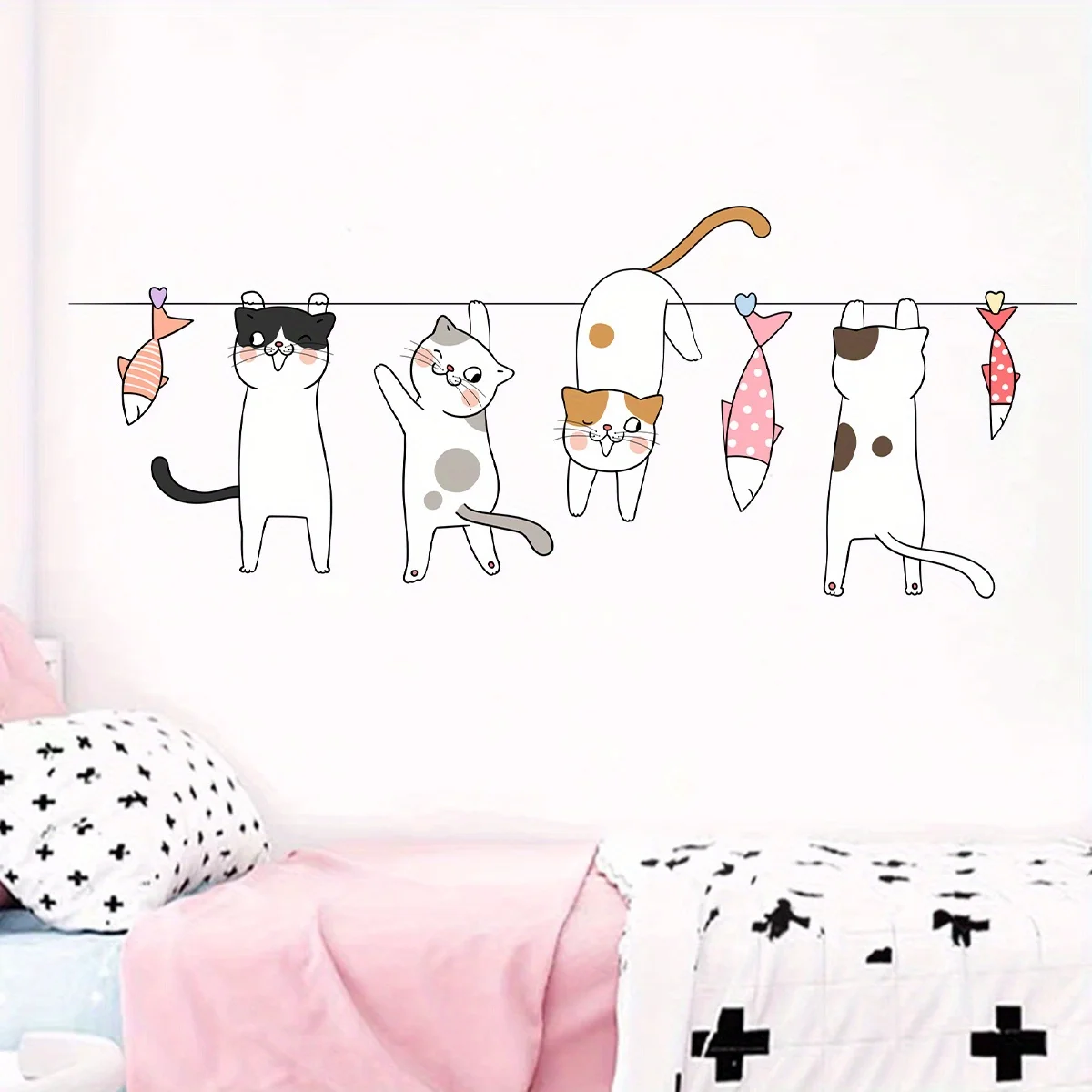 Cartoon Cute Catfish Clothes Hanger Line Animal Wall Stickers Removable for Bedroom Living Room Nursery Decoration Wall Decal