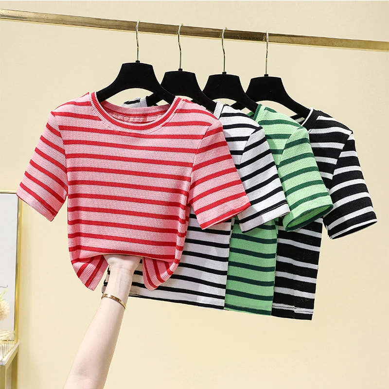 

2023 Summer Sweet Female Stripes Short Sleeve T-shirt Block Color O-Neck Fashion Woman Knitted Tops Short Design Young Lady Tees