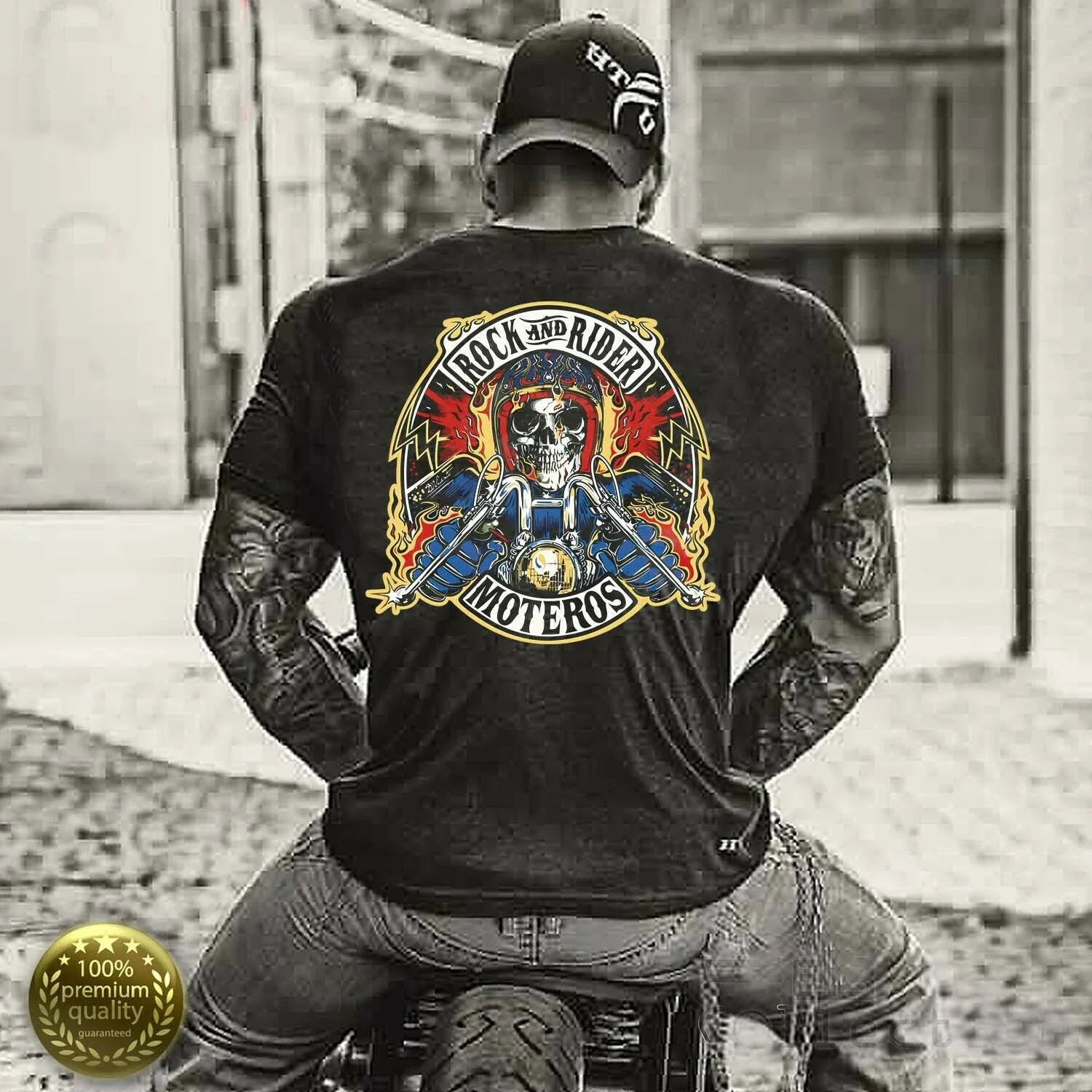 Rock and Rider Moteros. Motorcycle Skull Bikers Motorcyclist T-Shirt 100% Cotton O-Neck Short Sleeve Summer Casual Mens T-shirt