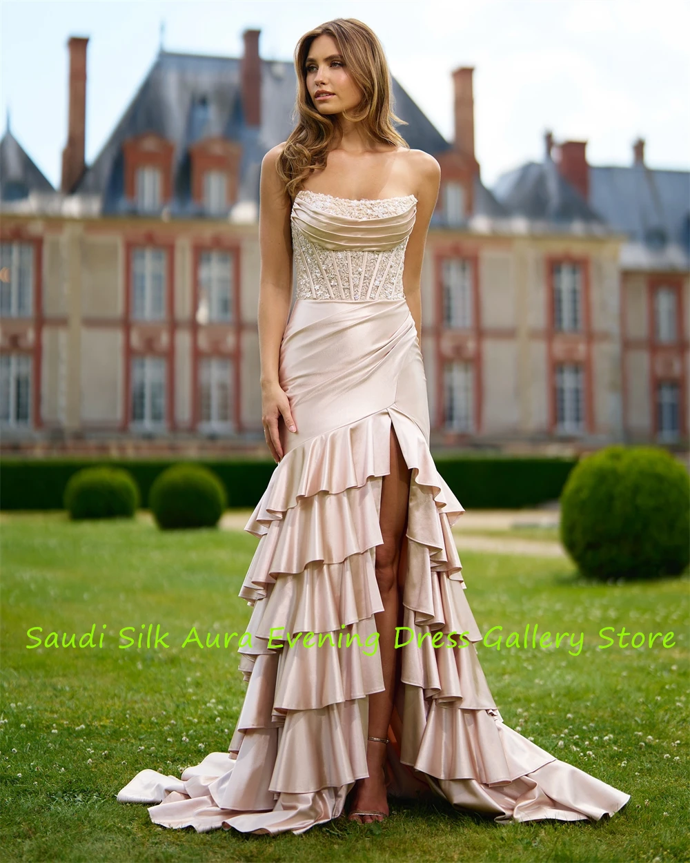 Dostosowana klasyczna różowa satynowa suknia wieczorowa syrenka bez ramiączek bez rękawów suknie gwiazd moda specjalne okazje Go